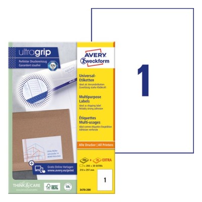 Etikett AVERY 3478-200 210x297 mm fehér univerzális 220 címke/ doboz 200+20 ív/doboz