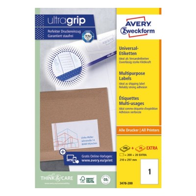 Etikett AVERY 3478-200 210x297 mm fehér univerzális 220 címke/ doboz 200+20 ív/doboz