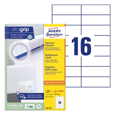 Etikett AVERY 3484-200 105x37 mm fehér univerzális 3520 címke/doboz 200+20 ív/doboz