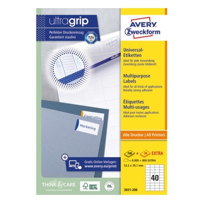 Etikett AVERY 3651-200 52,5x29,7 mm fehér univerzális 8800 címke/doboz 200+20 ív/doboz