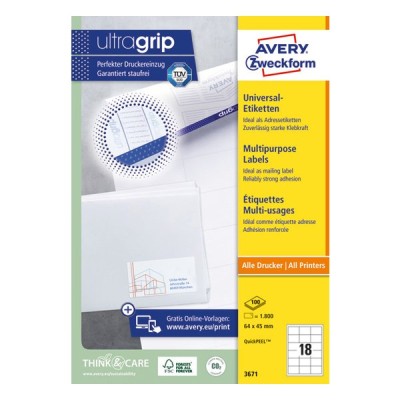 Etikett AVERY 3671 64x45 mm fehér univerzális  1800 címke/doboz 100 ív/doboz