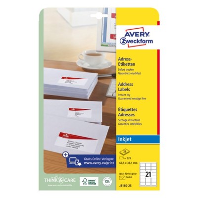 Etikett AVERY J8160-25 63,5x38,1mm inkjet 525 címke/doboz 25 ív/doboz