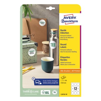 Etikett AVERY L3416-10 kör alakú 60 mm átmérő 120 címke/doboz 10 ív/doboz