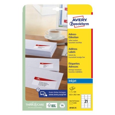 Etikett AVERY J8160-25 63,5x38,1mm inkjet 525 címke/doboz 25 ív/doboz