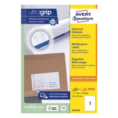 Etikett AVERY 3478-200 210x297 mm fehér univerzális 220 címke/ doboz 200+20 ív/doboz