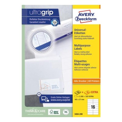 Etikett AVERY 3484-200 105x37 mm fehér univerzális 3520 címke/doboz 200+20 ív/doboz