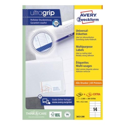 Etikett AVERY 3653-200 105x42,3mm fehér 3080 címke/doboz 200+20 ív/doboz